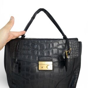 Prada Black Croc-Embossed Shoulder Bag with Gold Accents